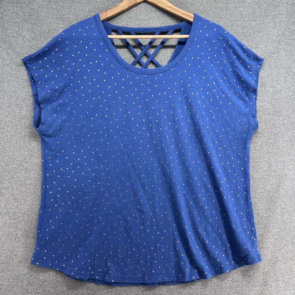 Lane Bryant Shirt Womens Plus 18/20 Blue Gold Metallic Polka Dot Criss Cross Top